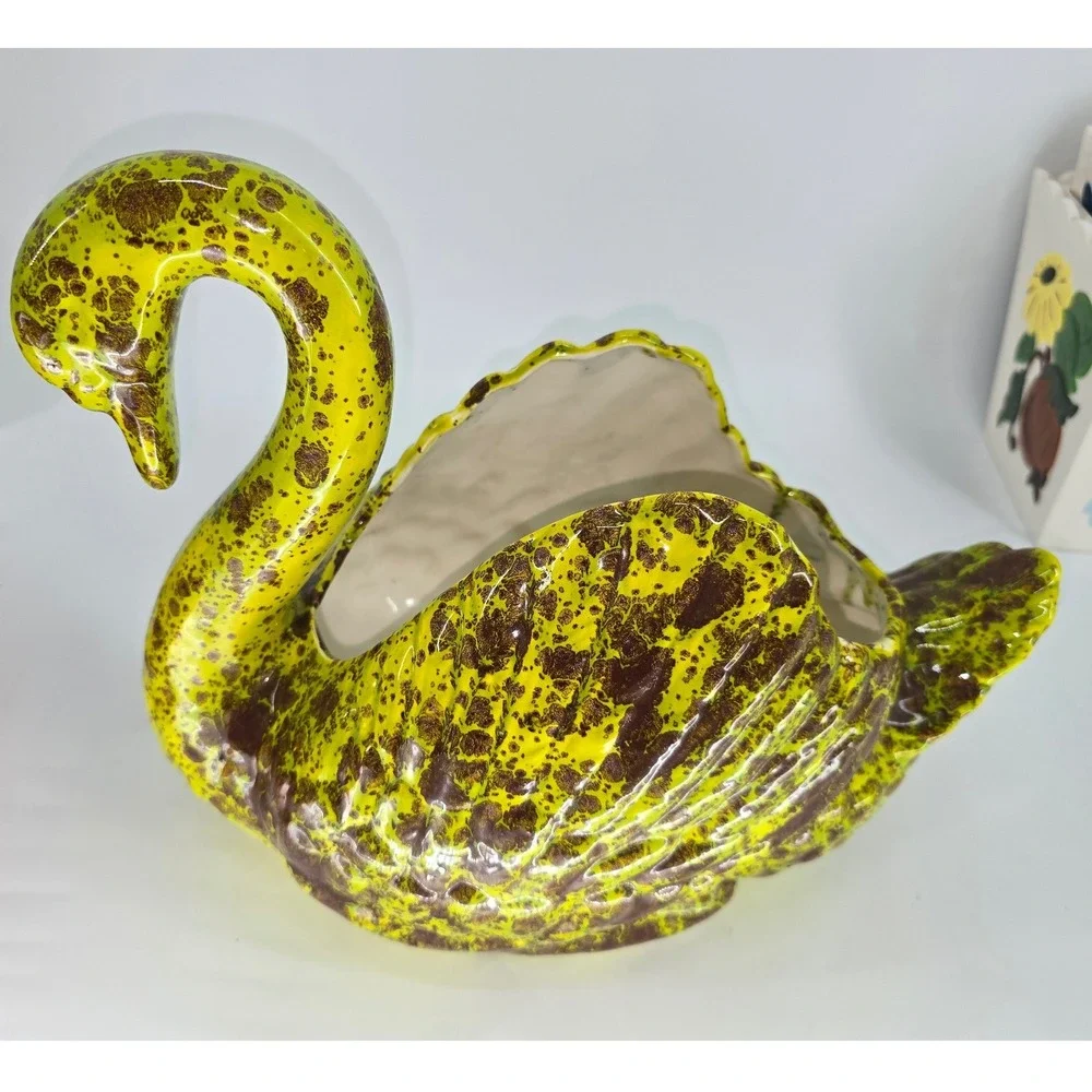 Vintage Mid Century Ceramic Swan Planter Chartreuse Yellow Tan Speckled Glaze